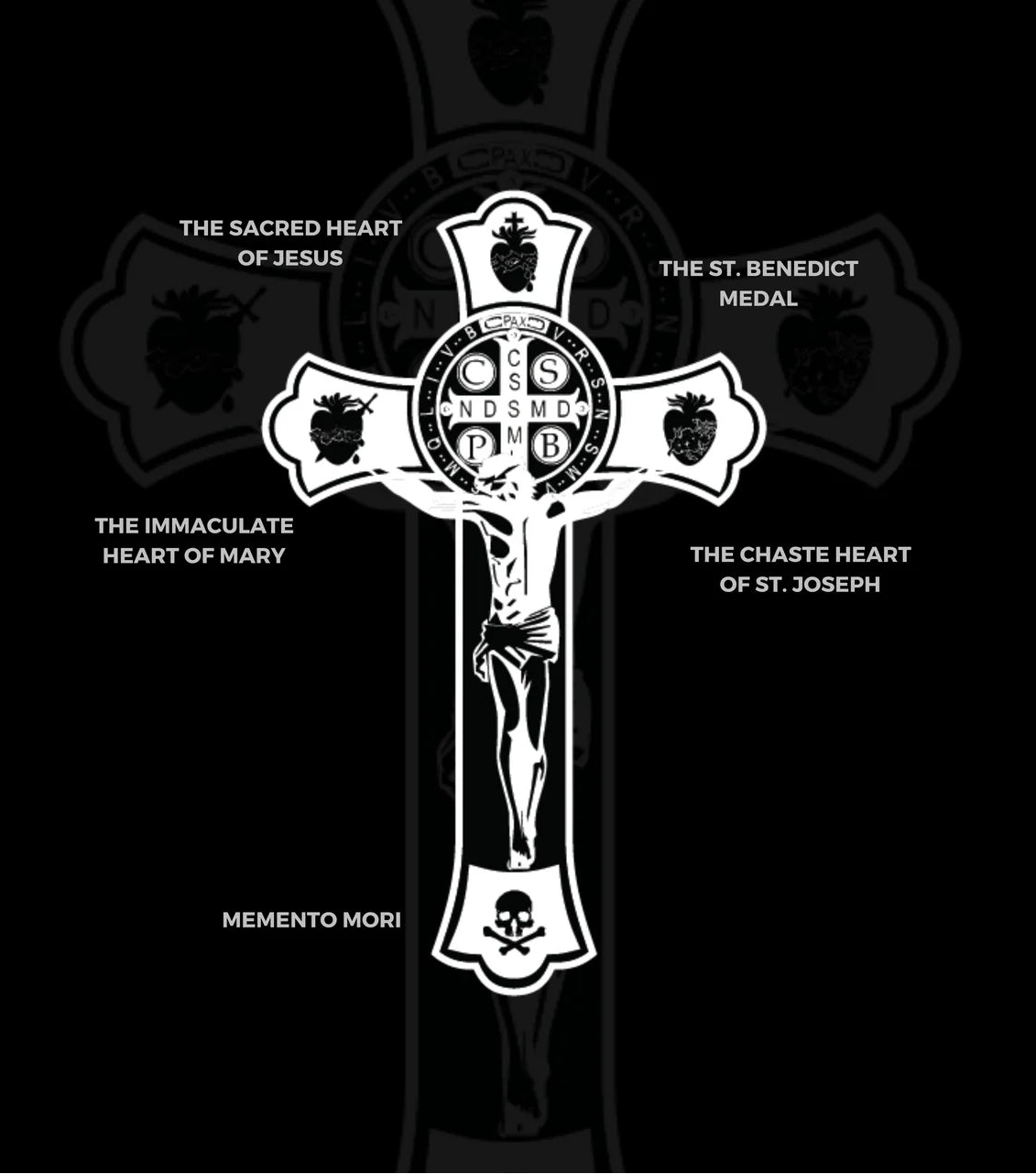Logo of The Crux Invicta with a cross and religious symbols on a black background