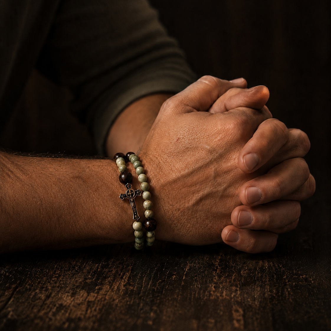 Praying hands with a bracelet on a wooden surface